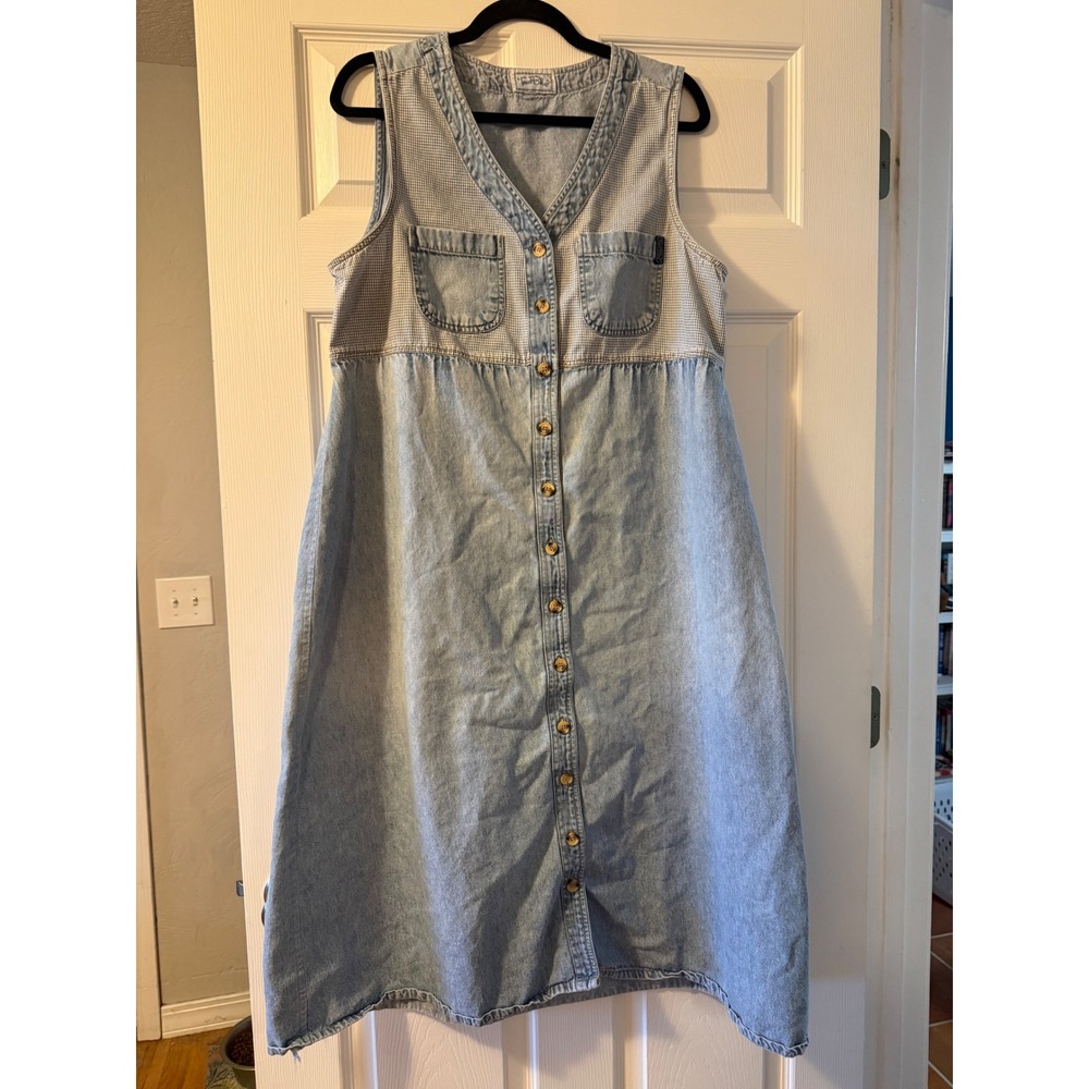 True Blue Vintage Denim Midi Dress Light Wash Gingham Button Front Sleeveless L